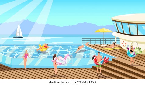 Happy people enjoy in luxury cruise ship resort. Summer time vacation in swimming pool on deck ship. Young people, women, men with inflatable circle animal have fun on pool party. Vector illustration