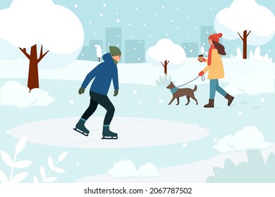 Happy people enjoy open air activities in the park.  Girl walking the dog, man skating on the rink.  Winter landscape. Vector illustration