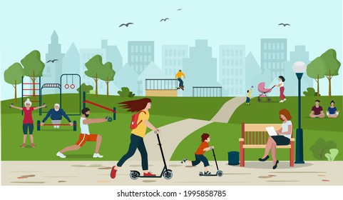 Happy people enjoy the park, nature, play sports, skateboard, ride scooters, relax and socialize. Vector illustration, urban landscape.