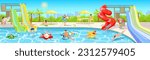 Happy people enjoy waterpark. Summer time vacation in swimming pool, water park landscape. Family activity. People slides pipes, kids playing and swim on inflatable circle animal. Vector illustration