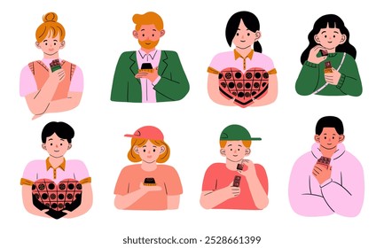 Happy People Enjoying Chocolate Collection. A collection of hand-drawn illustrations featuring people happily enjoying various chocolate treats, perfect for World Chocolate Day designs