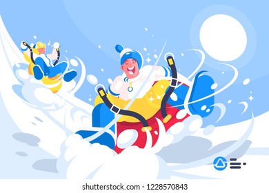 Happy people enjoying cylinder riding flat style concept vector illustration. Cartoon man and woman moving down snow hill on inflatable cylinders