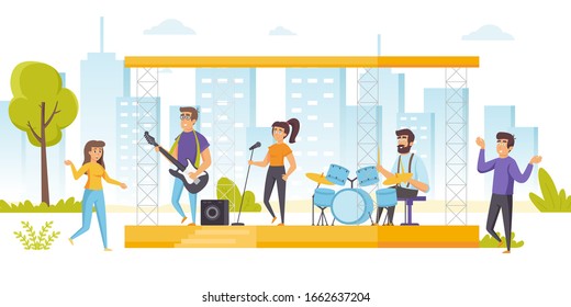 Happy people enjoying music at open air concert, summer musical performance. Musicians and singers performing on outdoor stage and fans or audience dancing around. Flat cartoon vector illustration.