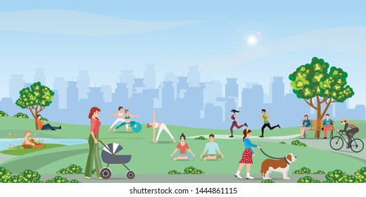 Happy people enjoying at the park. Sport outdoors activity in city public park. People are running, cycling, doing yoga, relaxing and connecting, healthy lifestyle concept vector illustration.