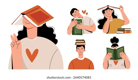 Happy people enjoying reading books, stacking books on their heads, and sharing love for learning. Set of vector characters with books.