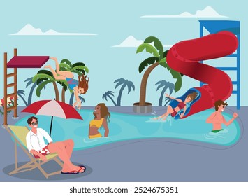 happy people enjoying a summer day at acqua park, diving and swimming. cartoon vector illustration.