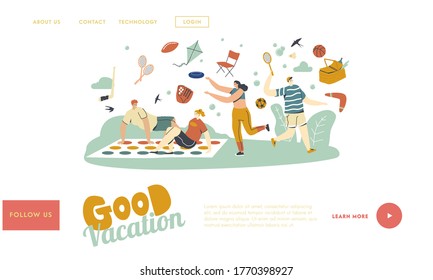 Happy People Enjoying Summer Outdoor Activities Landing Page Template. Characters Playing Twister, Badminton, Throw Flying Plate and Boomerang. Friends and Family on Picnic. Linear Vector Illustration