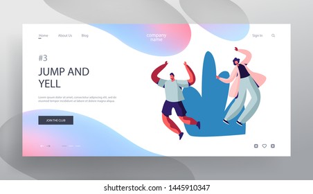 Happy People Enjoying Summer Time Website Landing Page, Male and Female Characters Jumping with Hands Up Cheering and Smiling, Spending Time Outdoors Web Page. Cartoon Flat Vector Illustration, Banner
