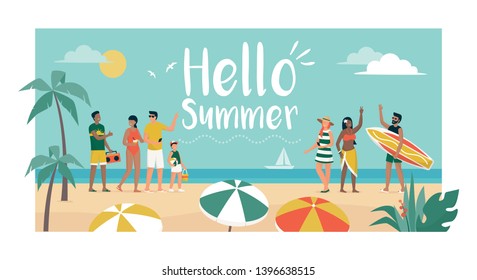 Happy people enjoying summer vacations on the beach, they are dancing and talking, tourism and summer time concept