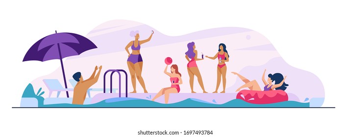 Happy people enjoying swimming pool party. Men and women in swimwear playing ball, floating with inflatable donut, drinking cocktails. Vector illustration for summer, vacation, leisure concept
