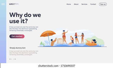 Happy people enjoying swimming pool party. Men and women in swimwear playing ball, floating with inflatable donut, drinking cocktails. Vector illustration for summer, vacation, leisure concept