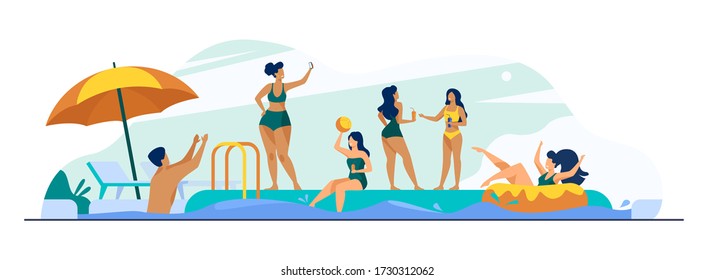 Happy people enjoying swimming pool party. Men and women in swimwear playing ball, floating with inflatable donut, drinking cocktails. Vector illustration for summer, vacation, leisure concept