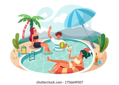 Happy people enjoying swimming pool party. Vector Illustration concept