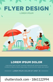 Happy people enjoying swimming pool party. Men and women in swimwear playing ball, floating with inflatable donut, drinking cocktails. Vector illustration for summer, vacation, leisure concept