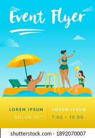 Happy people enjoying swimming pool party. Men and women in swimwear playing ball, floating with inflatable donut, drinking cocktails. Vector illustration for summer, vacation, leisure concept