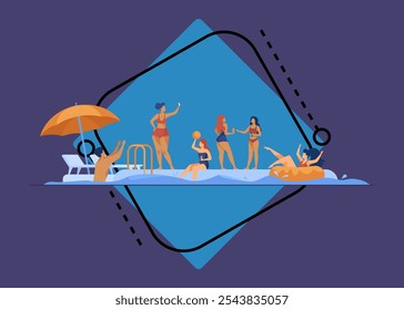 Gente feliz disfrutando de la fiesta en la piscina. Hombres y mujeres en traje de baño jugando a la pelota, flotando con rosquilla inflable, bebiendo cócteles. Ilustración vectorial para el verano, vacaciones, concepto de ocio