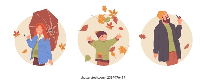 Happy people enjoying warm autumn weather and romantic mood isolated round icon composition