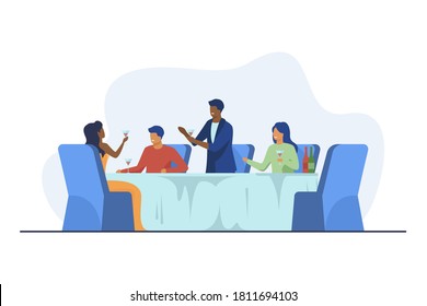 Happy people enjoying wine tasting. Party, dining table, toast flat vector illustration. Celebration, ceremony, festive event concept for banner, website design or landing web page