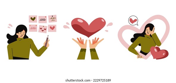 Happy people expressing confidence with heart, Concepts of self love, Care, embrace, self esteem and successful, Flat vector cartoon illustration.