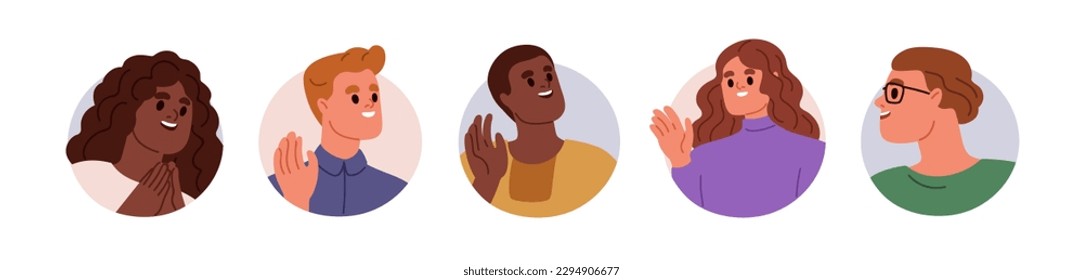 Happy people, face avatars set. Smiling excited men, women, head portraits. Friendly glad characters waving hand, gesturing hi, greeting. Flat vector illustrations isolated on white background