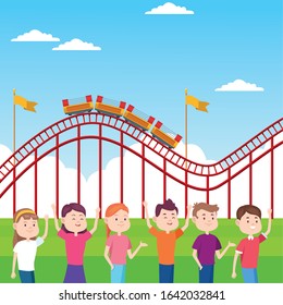 Happy people in the fair over roller coaster background, colorful design, vector illustration