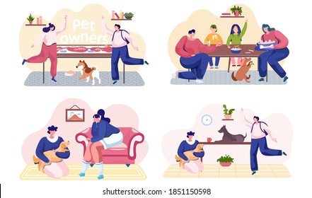Happy people, family with a cat and dog at home. Kitty with owners are resting together. Active woman playing with cheerful friend dog. Domestic animals care, nutrition, feeding plan scenes set