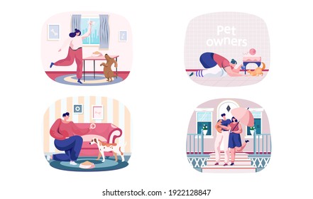 Happy people, family with cat and dog at home. Kitty with owners are resting together. Active woman playing with cheerful friend dog. Domestic animals care, time for games, nutrition scenes set