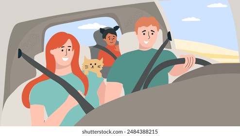 Gente feliz, familia viajando en coche. Ilustración vectorial dibujada a mano