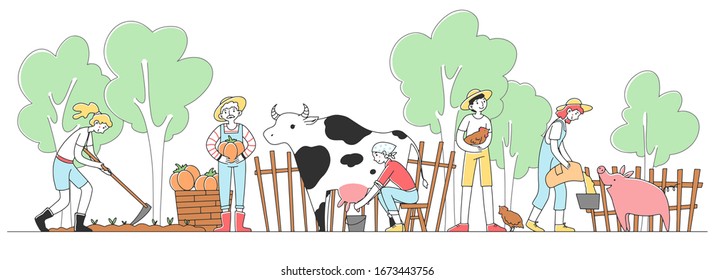 Happy people farming at countryside flat vector illustration. Workers milking cow, feeding pig, and growing food. Agriculture and job concept.