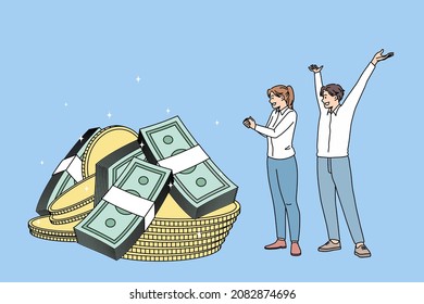 Happy people feel excited euphoric with money dividend from good successful investment. Smiling workers satisfied with salary or wage increase. Financial win or victory. Finance. Vector illustration. 