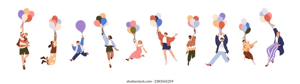 Happy people flies with balloons in hands. Carefree characters in flight, flying up with air baloons. Freedom, energy, fun, joy concept. Flat graphic vector illustrations isolated on white background.