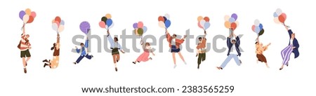 Happy people flies with balloons in hands. Carefree characters in flight, flying up with air baloons. Freedom, energy, fun, joy concept. Flat graphic vector illustrations isolated on white background.