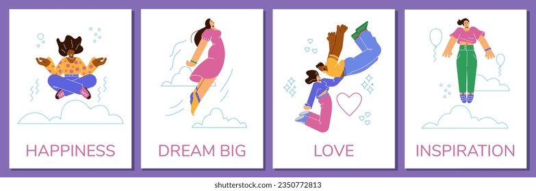 Gente feliz flotando o volando en el aire, afiches puestos - ilustración vectorial plana. Conceptos de amor, sueños, inspiración y felicidad. Mujer meditando en el aire, pareja volando entre sí.