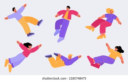 Happy people fly, floating in air. Concept of freedom, dream, imagination. Vector flat illustration of young men and women have fun flying and falling isolated on background