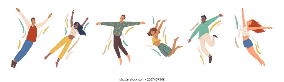 Happy people flying, concept of freedom, development and happiness isolated flat cartoon characters. Vector man and woman fly in air. Falling businessman, cheerful freelancer, euphoric feeling