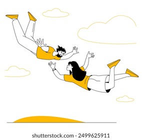 Happy people are flying, floating and in the sky. Vector concept of freedom, development and aspirations. Men and women moving together. Flat vector illustration.