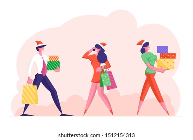 Happy People in Formal Wear and Santa Hats Carry Gift Boxes Walking to Corporate Party Celebration. Business Characters Christmas. Men Women Buying Presents on Holidays. Flat Vector Illustration
