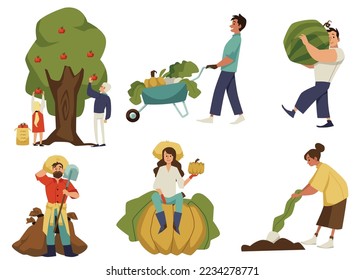 Happy people with freshly harvested fruits and vegetables, flat vector illustration isolated on white background. Set of characters carrying big watermelon, sitting on pumpkin and gathering apples.