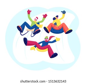 Happy People Friends Company Performing Leisure Outdoor Activities Riding Downhill. Male and Female Characters Having Fun at Winter Day. Christmas Holidays Spare Time. Cartoon Flat Vector Illustration