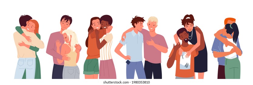 Happy people friends hug cuddle set, diverse woman man standing together, couple hugging