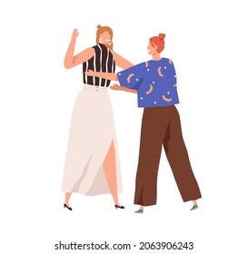 Happy people friends meeting and moving toward each other. Girlfriends greetings and emotional warm hugs. Female friendship and reunion concept. Flat vector illustration isolated on white background