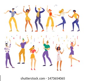 Happy People Friends Team Wearing Festive Hats Celebrating Holiday with Sparklers and Champagne Glasses in Hand with Party Decoration. Birthday or New Year Celebration Cartoon Flat Vector Illustration