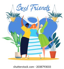 Happy people friendship, vector illustration, cute best friend together, young woman girl character hug and smile, isolated on white