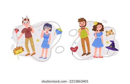 Happy people with funny carnival masks set. Joyful guy and girl celebrating holiday cartoon vector illustration