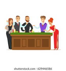 Happy people gambling at table in casino. Colorful cartoon character vector Illustration