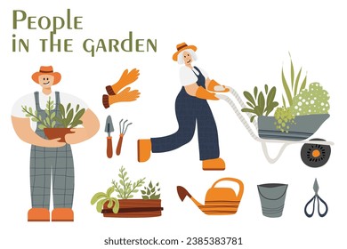 Happy people in the garden. Elderly woman and man with plants and gardening tools: shovel, rake, gloves, wheelbarrow, shears, watering can. Active Aging.