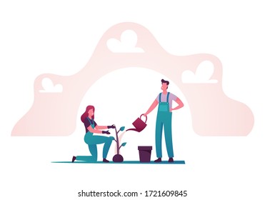 Happy People Gardening, Planting and Watering Plants from Can. Man and Woman Characters Caring of Flowers and Herbs on Earth. Biodiversity, Horticulture and Olericulture. Cartoon Vector Illustration