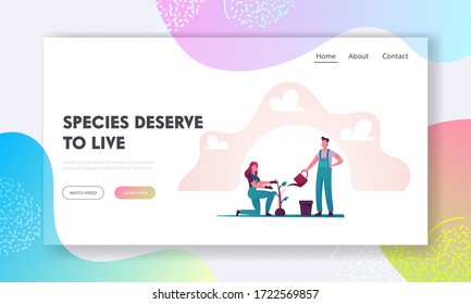 Happy People Gardening, Planting and Watering Plants Landing Page Template. Characters Caring of Flowers and Herbs on Earth. Biodiversity, Horticulture and Olericulture. Cartoon Vector Illustration