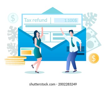 Happy people getting paid money back, flat vector illustration. Tax refund, tax rebates concept.