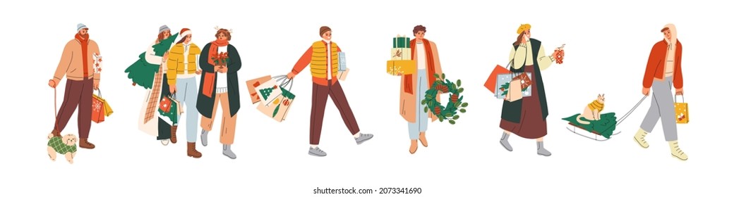 Happy people with gift boxes, bags and fir trees at Christmas shopping time. Set of men and women with Xmas presents, prepare for winter holiday. Flat vector illustrations isolated on white background